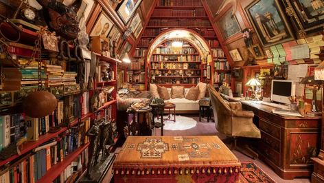 Virtual Backgrounds for Zoom Video Calls | Mental Floss Knives Out House, Attic Library, Dark Academia Room, Academia Room, Cozy Attic, Dream Library, Home Library Design, Set Decor, Home Libraries