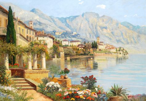 View of Riva del Garda puzzle in Piece of Art jigsaw puzzles on TheJigsawPuzzles.com. Play full screen, enjoy Puzzle of the Day and thousands more. Pintura Exterior, Mediterranean Landscaping, Italian Landscape, Oil Painting For Sale, Framed Oil Painting, Lake Landscape, Classic Paintings, Oil Painting Reproductions, Landscape Artist