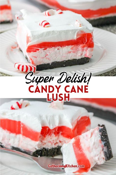 This candy cane lush is an amazing holiday dessert. Full of festive peppermint flavor and beautiful white and pink/red layers like a candy cane. Great for holiday parties. Layered Candy Cane Dessert, Christmas Eclair Cake, Fruity Holiday Desserts, Candy Cane Desserts, Cool Whip Candy, Lush Desserts, Candy Cane Dessert, Lush Cake, Lush Recipes