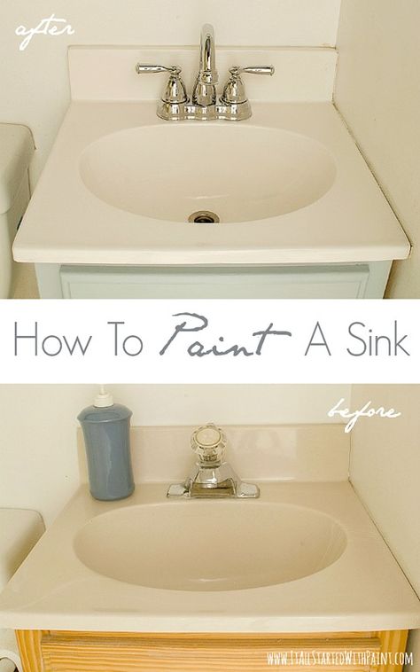 How-To-Paint-A-Sink-Before-and-After  Wow this is so neat! What a wonderful inexpensive way to update a sink!! I can't wait to try! Paint A Sink, Painting A Sink, Cheap Diy Home Improvements, Paint Bathroom, Diy Home Decor For Apartments, Palette Design, Hur Man Målar, Rv Remodel, Up House