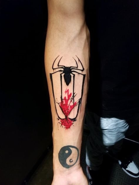 Spiderman Forearm Tattoo, Spiderman Tattoos, Spider Man Tattoo, California Tattoos, Trash Polka Tattoo Designs, Spiderman Tattoo, Man Tattoo, Marvel Tattoos, Trash Polka Tattoo