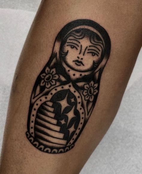 Traditional Babushka Doll Tattoo, Matryoshka Dolls Tattoo, Traditional Matryoshka Doll Tattoo, American Traditional Nesting Doll Tattoo, Small Traditional Tattoo Black, American Traditional Russian Doll Tattoo, American Traditional Blackwork Tattoos, Russian Doll Tattoo Traditional, American Traditional Shin Tattoo