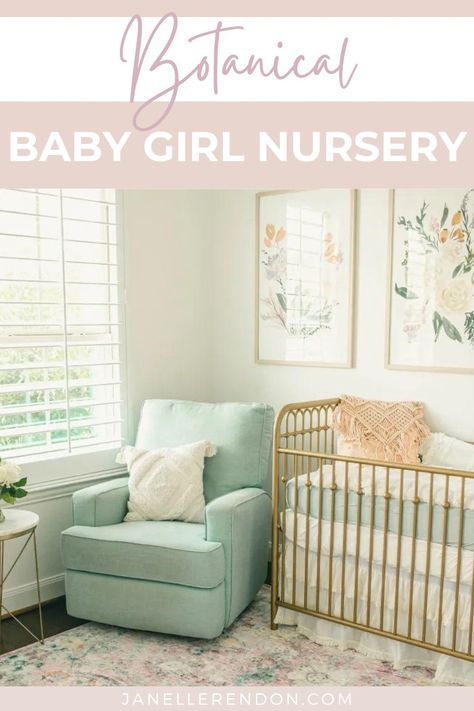 Looking for nursery decor inspiration? On the blog, I am sharing my baby girl's botanical nursery. Floral prints and gold crib details included. I love how her floral nursery turned out! Nursery For Baby Girl, Botanical Room, Gold Crib, Botanical Nursery, Small Room Nursery, Shared Nursery, Crib Wall, Nursery Floral, Girl Nursery Pink