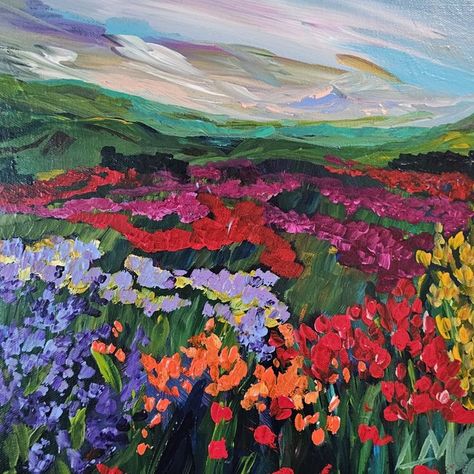 Floral Field Painting, Abstract Field Of Flowers Painting, Colorful Nature Painting, Field Of Flowers Painting, Wildflower Field Painting, Wild Flower Field, Flower Field Painting, Scenic Painting, Paintings Of Flowers