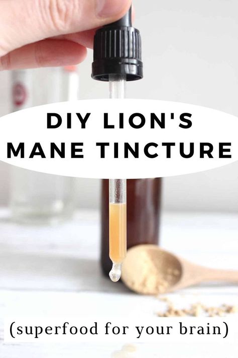 Lion's Mane tincture in a small amber glass bottle. There is a bottle of vodka in the background and a wooden tablespoon with powdered Lion's Mane mushroom in the teaspoon. A dropper with the tincture is being held in front of everything. Diy Extracts, Tinctures Recipes, Mushroom Benefits, Lions Mane, Lions Mane Mushroom, Lion's Mane, Herbal Tinctures, Glass Dropper Bottles, Herb Tea