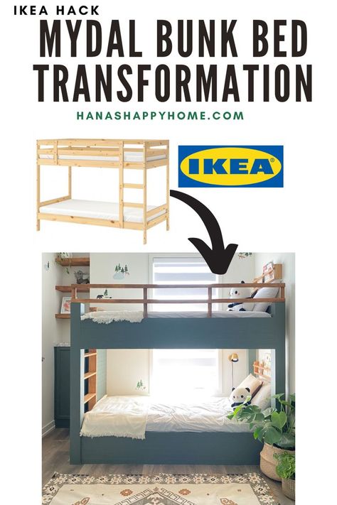 Take this basic IKEA Bunk Bed and make it look like a custom bunk bed. Here's how I moved the ladder, added the railing and more! Mydal Bunk Bed Hack, Ikea Mydal Bunk Bed Hack, Ikea Mydal Bunk Bed, Bunk Bed Makeover, Mydal Bunk Bed, Ikea Bunk Bed Hack, Custom Bunk Bed, Bunk Bed Rail, Bunk Bed Curtain