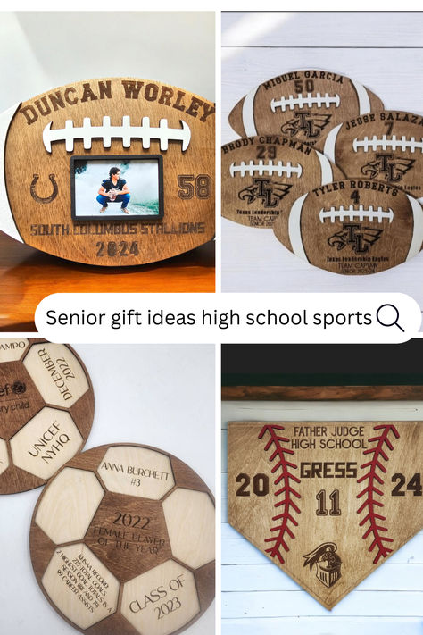 Celebrate your high school athlete’s senior year with these custom sports plaques! Perfect for football, soccer, and baseball players, these unique wooden gifts are personalized with names, stats, and even team logos. Whether you’re looking for a sentimental keepsake or a standout award, these  make the perfect gift for senior athletes and team captains. Great for end-of-season awards or graduation gifts #seniorgift #highschoolsports #teamgift #footballseniorgift #tennis #soccer #baseball #cheer High School Football Gifts For Players, Senior Night Baskets Gift Set Football, Senior Gift Ideas High School Sports, Engraved Football Gifts, Senior Football Gifts, High School Athlete, Personalized Football Gifts For Players, Recognition Gifts, Senior Football