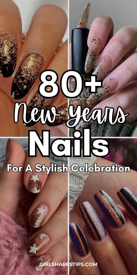 New Years Eve Nail Art, New Years Eve Nail, Gold Holiday Nails, Gold Tip Nails, Party Nail Design, Long Nail Ideas, New Year's Eve Nails, Sparkly Nail Designs, Classy Inspiration