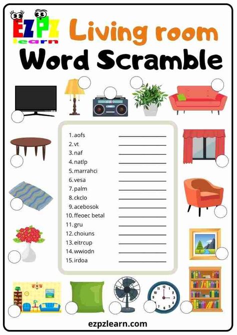 Free Printable Word Scramble Worksheet Topic Livingroom For Kids ESL Resource For Preschool Grade 6 Worksheets, Daily Routine Worksheet, British Terms, Hello English, Jumbled Words, Scramble Words, Kindergarten Colors, Good Kids, English Worksheet