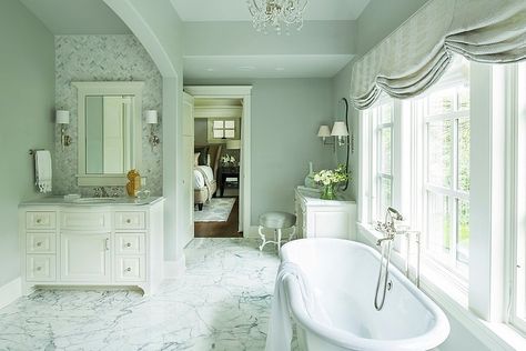 Bywood Street Residence by Martha O’Hara Interiors True Grey Paint Color, Eclectic Bathroom Design, Gray Painted Walls, Light Gray Paint, Grey Paint Colors, Subway Tiles, Transitional Living Rooms, Grey Bathrooms, Marble Bathroom