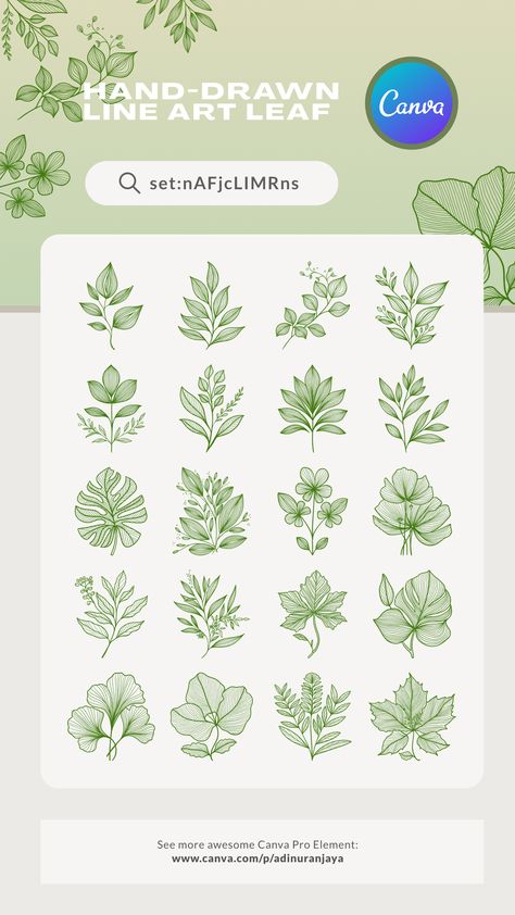 Line Art Leaf, Canva Learning, Canva Keywords, 30 Day Drawing Challenge, Social Media Content Planner, Leaf Collection, Tea Packaging Design, Elements Canva, Keyword Elements Canva