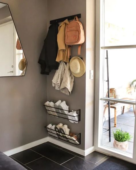 14 Amazingly Simple Entryway Ideas to Light Up Your Small Space - A Whimsical bit Entryway For Small Space, Cute Entryway Ideas Apartment, Small Entrance Seating Ideas, Coat Rack In Small Space Entry Ways, Entry Small Space, Small Apartment Entrance Entryway Decor, Entrance Space Design, Tiny Entryway Storage, Small Entry Room Ideas