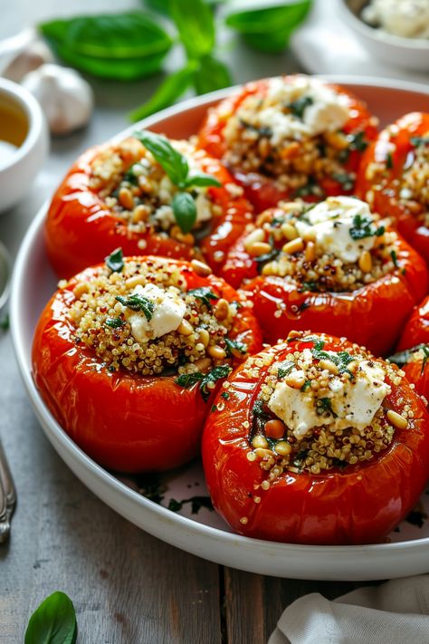 "Experience the Flavor Fusion: Quinoa Stuffed Tomatoes with Basil and Pine Nuts Recipe" #mediterraneandiet Stuffed Pepper With Quinoa, Quinoa Stuffed Acorn Squash With Cranberries And Feta, Stuffed Peppers Quinoa, Quinoa Stuffed Tomatoes, Quinoa Peppers Stuffed, Quinoa Stuffed Bell Peppers, Stuffed Capsicum, Tomatoes With Basil, Stuffed Tomato