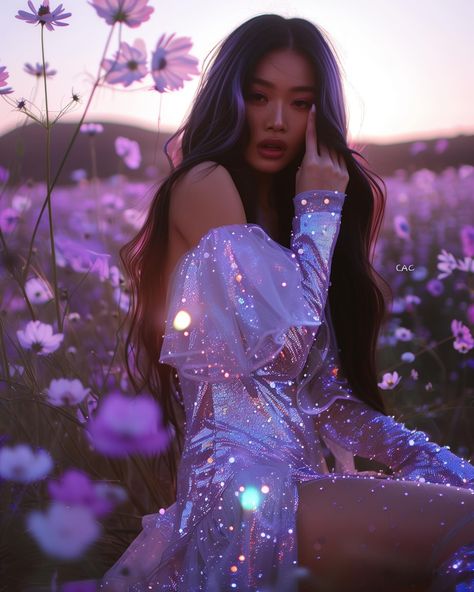 Lavender🪻Love In need of some glitter this Saturday? ✨I’ve got you! Enjoy my latest fashion creations in gorgeous sparkly lavender colors 💜 Which glitter dress is your favorite? 😍 #sprinkleofai #aifashion #glitter #sparkle #sparkles #glamour #glamorous #iridescent #iridescence #aifashiondesign #lavender #midjourney #opulence Purple Outfit Women, Panem Fashion, Sparkle Photoshoot, Purple Fairytale, Purple Woman, Lavender Outfit, Chelsea Wedding, Sparkle Outfit, Black Fairy