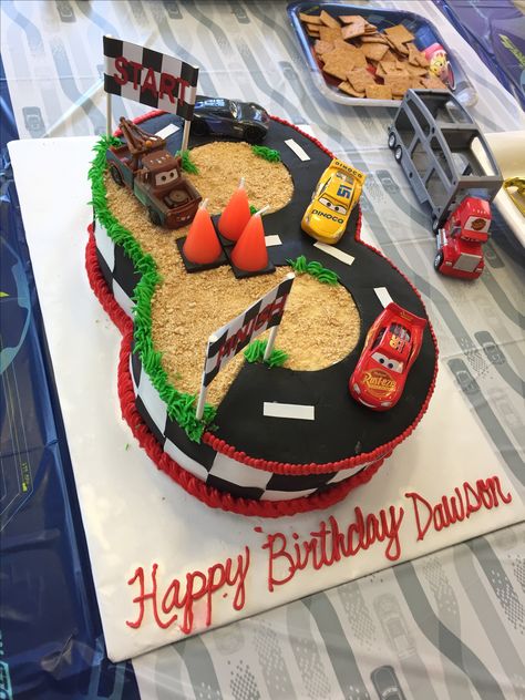 Cars 3rd birthday cake. The road makes a 3 and the candles are traffic cones! Blaze Third Birthday, Monster Truck 3rd Birthday Cake, Blaze 3rd Birthday Party Ideas, Blaze And Monster Machine Cake, Blaze Cakes For Boys, 3 Yr Birthday Party Ideas Boy, Blaze And The Monster Machines Birthday Cake, Blaze Cake Ideas, Blaze Birthday Party Ideas