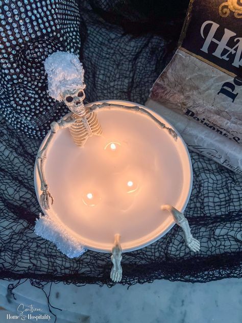 This DIY Halloween candle is a super inexpensive way to bring humor to your Halloween decorations with a bowl and candles from Dollar Tree and a two dollar WalMart skeleton! Skeleton Bathtub, Candles Bathtub, Halloween Candles Diy, Dollar Store Candles, Halloween Themed Food, Scary Halloween Decorations Diy, Spooky Decorations, Dollar Store Halloween, Halloween Candle