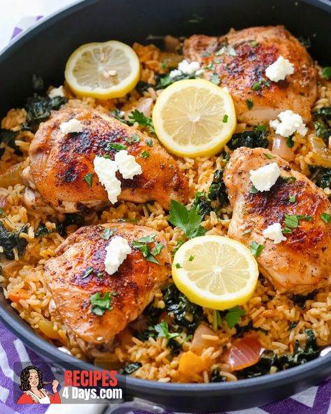 Greek Chicken and Rice Mediterranean Chicken And Rice Recipes, Mediterranean Chicken And Rice, Greek Chicken And Rice, Greek Chicken Thighs, Chicken Greek, Chicken And Rice Recipe, Greek Chicken Recipes, Mediterranean Chicken, Greek Chicken