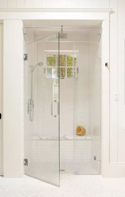 Entry With Bench, Half Glass Shower Door, Glass Tub Enclosure, Swinging Shower Door, Upgrade Bathroom, Marble Bench, Shower Door Designs, Bathroom Shower Doors, Shower Door Handles