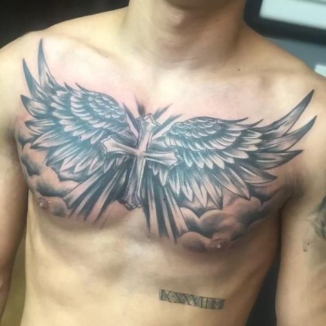 Chest Tattoo Fonts, Men Chest Tattoo, Chest Tattoo Wings, Chest Tattoos For Men, Traditional Chest Tattoo, Rose Chest Tattoo, Wing Tattoo Men, Full Chest Tattoos, Chest Tattoo Ideas