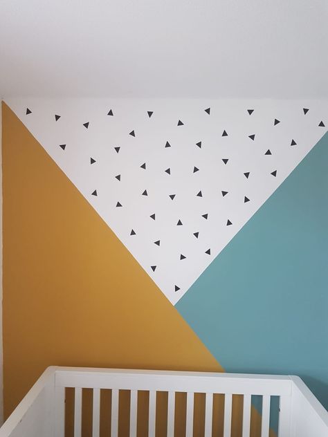 Wall Painting Ideas Bedroom Boys, Toddler Accent Wall, Triangle Wall Paint, Kids Bedroom Makeover, Blue Boys Bedroom, Boys Bedroom Paint, Toddler Boy Room Decor, Baby Boy Bedroom, Colorful Kids Room