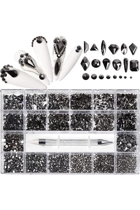 Yzzseven 12 Types of 600 Diamonds  2500 Flat Rhinestones Mix 20 Styles Flatback Rhinestone Crystals 3D Decorations Flat Back Stones Gems Set for for Nail Art DIY£¨Mine black£© Fashion Accessories Illustration, Nail Rhinestones, Black Gems, 3d Decor, Diy Nail Art, Gem Nails, Womens Nails, Crystal Nails, Nail Art Tools