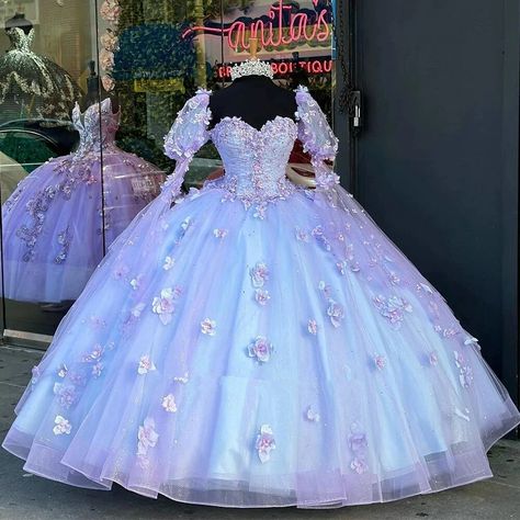 IRIDESCENT Lavender Puff Sleeve 3D Flower Quinceanera Dresses Vestidos De 15 Anos Appliques Lace Cinderella 16 Princess Gowns - AliExpress Flower Quinceanera Dresses, Lavender Quinceanera, Princess Gowns, Quinceñera Dresses, Magical Dress, Pretty Quinceanera Dresses, Space Outfit, Quince Dress, Purple Prom Dress