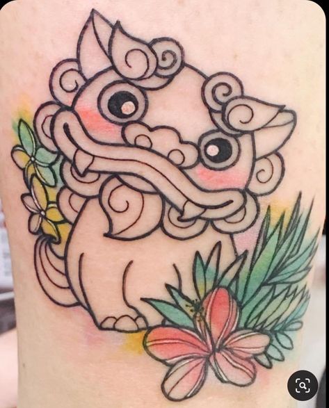 Japanese Shisa Dog Tattoo, Okinawa Shisa Dog Tattoo, Shisa Dog Art, Small Foo Dog Tattoo, Cute Foo Dog Tattoo, Female Fu Dog Tattoo, Okinawan Shisa Dog Tattoo, Komainu Tattoo Design, Okinawa Tattoo Ideas