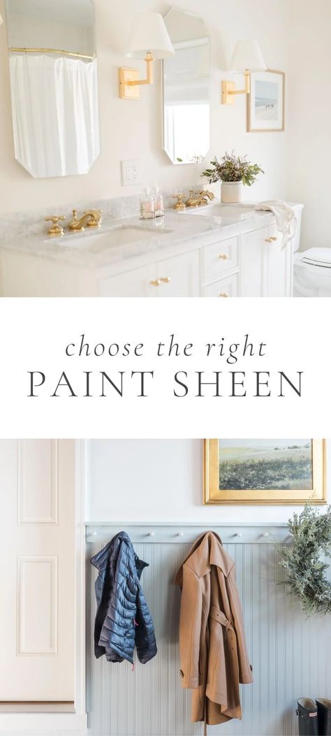 You’ve chosen the perfect paint color – now what? It turns out that your next decision is just as important. Choosing the right paint sheen is essential for both the design and function of a space. What Paint Sheen To Use In Bathroom, Sherwin Williams Silent Ripple, What Sheen Of Paint To Use, Satin Paint On Walls, Eggshell Paint Color, Neutral Bathroom Paint Colors, Paint Sheen Guide, Painting Bathroom Walls, Powder Room Paint