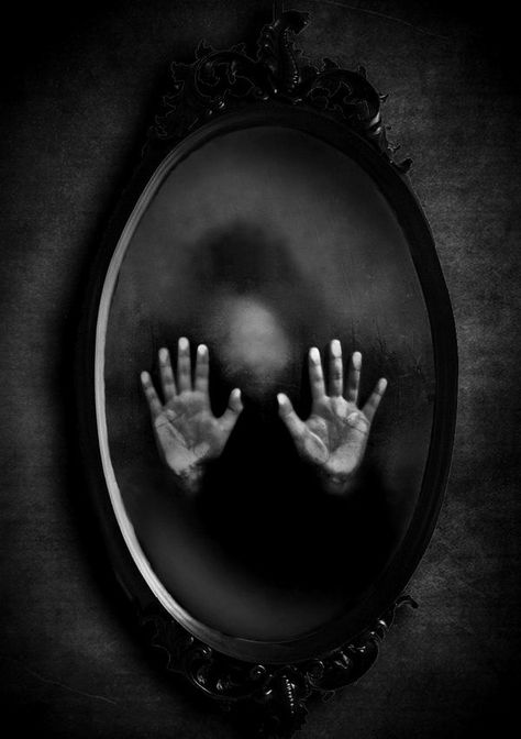 Mirror Image - There’s a woman in the mirror who haunts me. She’s not my reflection, but an entity all to herself. Something like me, but not quite me. Soyut Sanat Tabloları, The Reflection, Scary Art, Dark Photography, A Mirror, Horror Art, Dark Side, Dark Aesthetic, Dark Art