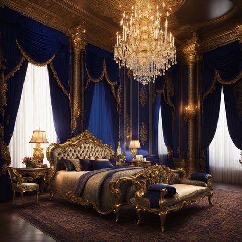 Royal bedroom by Anastasia - Playground Blue Mansion, Royal Blue Bedrooms, Royal Bedroom, Mansion Exterior, Blue Bedroom, Create Art, Image Generator, Social Media Posts, Creating Art