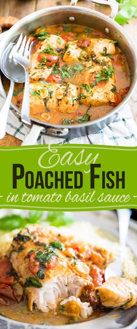 From freezer to table in under 30 minutes - you won't believe how incredibly tasty and delicious this Easy Poached Fish recipe really is! Frozen Fish Fillets, Poached Fish, Tomato Basil Sauce, Basil Sauce, Fish Recipes Healthy, Pescatarian Recipes, Fish Dinner, Healthy Fish, Healthy Foodie