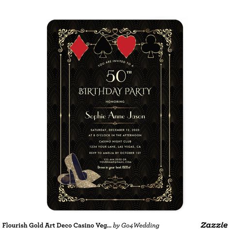 Flourish Gold Art Deco Casino Vegas Poker Birthday Invitation Roaring 20s Birthday Party, Gold Art Deco Pattern, Gatsby Birthday Party, Casino Royale Theme, Casino Birthday, Vegas Birthday, Rsvp Wedding, 40th Birthday Invitations, Gold Birthday Party