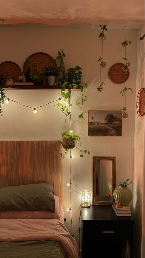 Plant Shelf Wall Bedroom, Over Bed Shelving Ideas, Shelf Above Bed Boho, Ideas For Wall Above Bed, Fake Plant Wall Bedroom, Wall Shelves Above Bed, Diy Shelf Above Bed, Shelf Above Bed Aesthetic, Plant Wall Bedroom Ideas