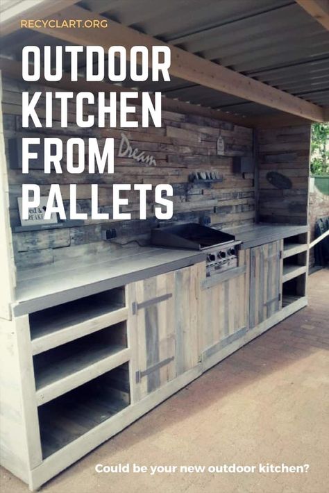 Pallet Woodworking, Pallet Bar Diy, Pallet Kitchen, Garden Pallet, Wooden Pallet Furniture, Outdoor Kitchen Design Layout, Recycled Pallet, Wooden Pallet Projects, Pallet Wall