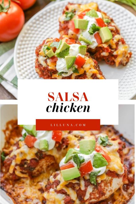 Salsa chicken is your ticket to a 30-minute meal that the whole family will love! And it's all baked in one pan for easy clean up! Juicy salsa chicken with yummy ingredients and tons of flavor. #salsachicken #chicken #bakedsalsachicken #chickendinner #salsa Chicken Salsa Bake, Salsa Chicken Bake, Salsa Chicken, Oven Chicken, Best Chicken Recipes, Chicken Dishes Recipes, Dinner Time, Chicken Dinner, Chicken Dishes