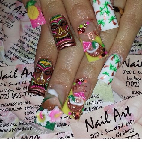 Disney Tiki Room Nails Luau Nails, Disney Tiki Room, Keeping Up Appearances, Turtle Tattoo, Cute Acrylic Nail Designs, Tiki Room, Prom Nails, Nail Art Tutorial, Cool Nail Art