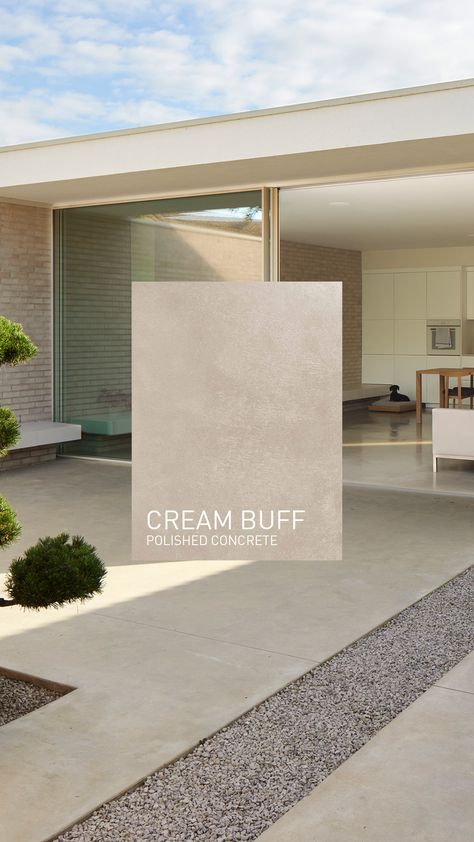 One of our most inviting Polished Concrete floor colours, Cream Buff allows you to create a genuinely relaxing atmosphere and helps to brighten up pretty much any space, especially if there’s lots of natural light available. / #architecture #interiordesign #homeideas Large Concrete Tile Floor, Beige Concrete Flooring, Sand Color Concrete Floor, Concrete Colours Outdoor, Off White Concrete Floors, Concrete Floor Interior Design, Greige Concrete Floors, Smooth Concrete Floor, Beige Cement Floor