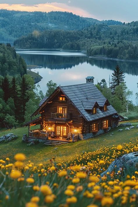 House Beside Lake, Cabin By A River, Cottage By The River, House By Creek, House In The Woods Painting, Big Cabin In The Woods, House In The Mountains Aesthetic, Cabins And Cottages In The Woods, River Front Homes