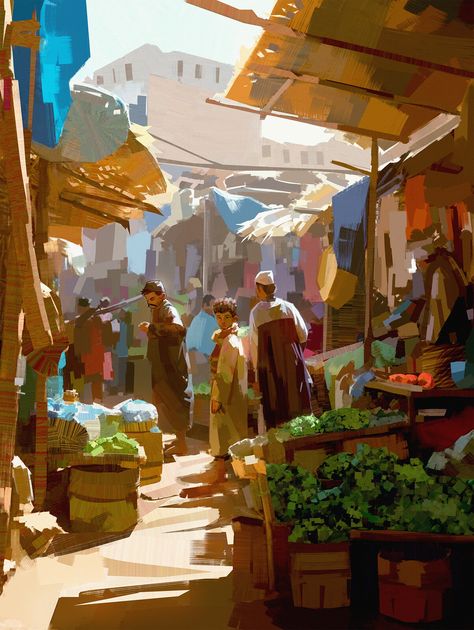 Bazaar Concept Art, Aladdin Art, Environment Painting, Looking For Work, Mixed Media Illustration, Background Drawing, Rainbow Art, Landscape Illustration, Environment Concept Art