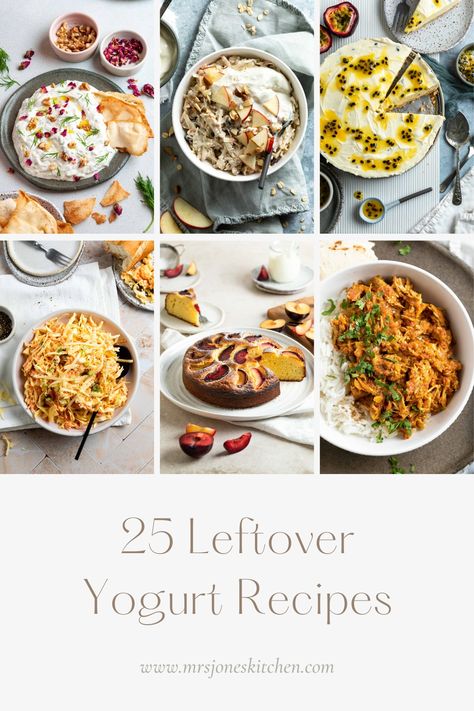 A collage with 6 sweet and savoury recipes that are made with yogurt. Recipes To Use Up Yogurt, Geek Yogurt Recipes, Ways To Use Up Yogurt, Leftover Yogurt Recipes, Savory Yogurt Recipes, Recipes Using Yogurt, Yogurt Dishes, Leftover Yogurt, Recipes With Yogurt