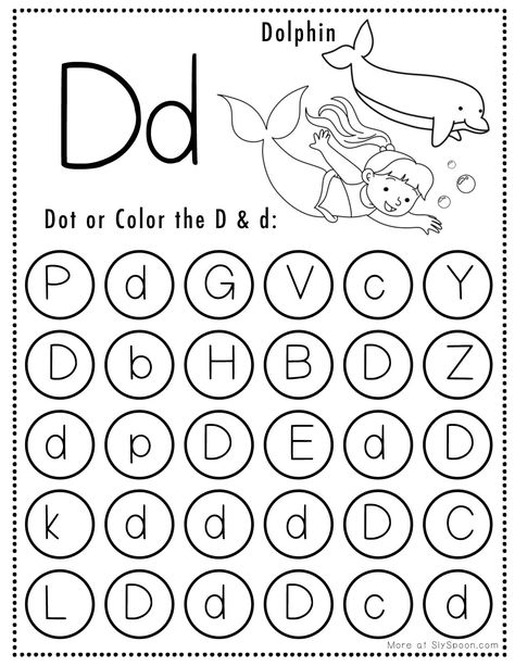 Coloring Worksheets For Kindergarten, Letter D Worksheet, Letter D Crafts, Letter Recognition Worksheets, Preschool Activities Printable, Dot Letters, Alphabet Worksheets Kindergarten, Dot Worksheets, Letter Find