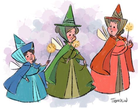 The 3 Fairies by Steve Thompson Steve Thompson Disney, Flora Fauna And Merryweather, Steven Thompson, Steve Thompson, Sleeping Beauty Fairies, Disney Doodles, Disney Fairy, Disney Artwork, Fairy Tattoo