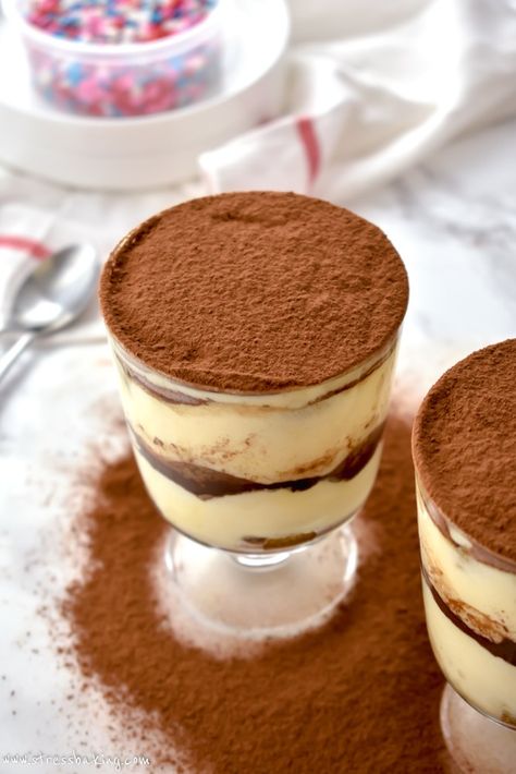 Tiramisu for Two: Creamy, rich layers bursting with the flavors of espresso and liqueur - made especially for two! The perfect romantic Valentine's Day dessert! | stressbaking.com #valentinesday #tiramisu #dessert #trifle Mascarpone Custard, Tiramisu For Two, Dessert Trifle, Classic Tiramisu Recipe, Whipped Mascarpone, Classic Tiramisu, Dessert Mini, Recipe For 1, Small Batch Baking