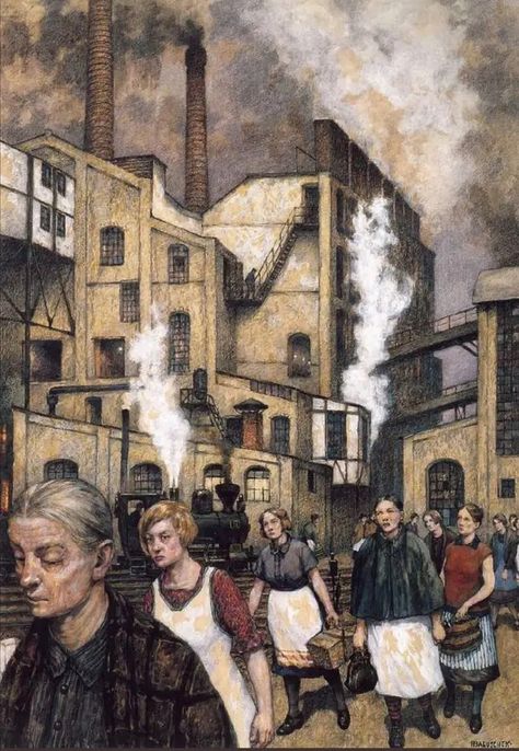 Industrial Revolution Art, Hans Baluschek, Factory Illustration, Motorcycle Art Painting, Revolution Poster, Revolution Art, Urban People, Working Women, Expressionist Art