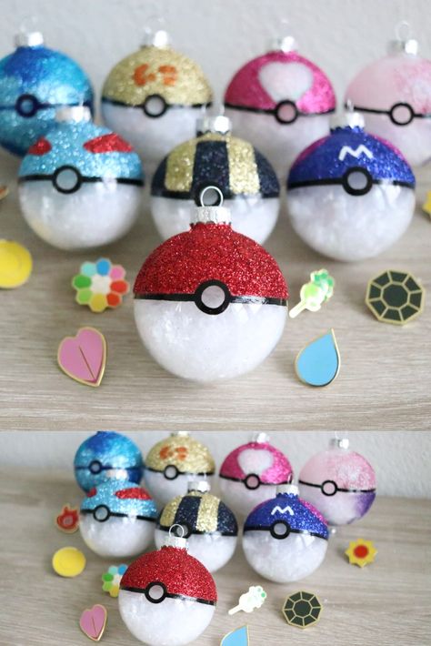 Diy Pokeball Ornament, Diy Pokemon Ornaments, Pokemon Ornaments Diy, Pokemon Christmas Tree, Pokeball Diy, Pokemon Club, Pokemon Ornaments, Ugly Christmas Sweater Outfit, Pokemon Christmas