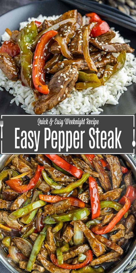 Skip the takeout with this easy pepper steak recipe. Ready in less than a half hour, it’s faster than delivery and just as tasty! Make this pepper steak stir fry recipe at home with tender slices of beef, bell peppers, and onions cooked in a mouthwatering sauce made from soy sauce, brown sugar, rice wine vinegar, and ginger thickened with cornstarch. It's Chinese takeout flavors without leaving the house! Peper Steak, Stir Fry Beef, Steak Peppers, Pepper Steak Stir Fry, Steak Stirfry Recipes, Chinese Pepper Steak, Grilled Steaks, Steak Stir Fry, Pepper Steak Recipe