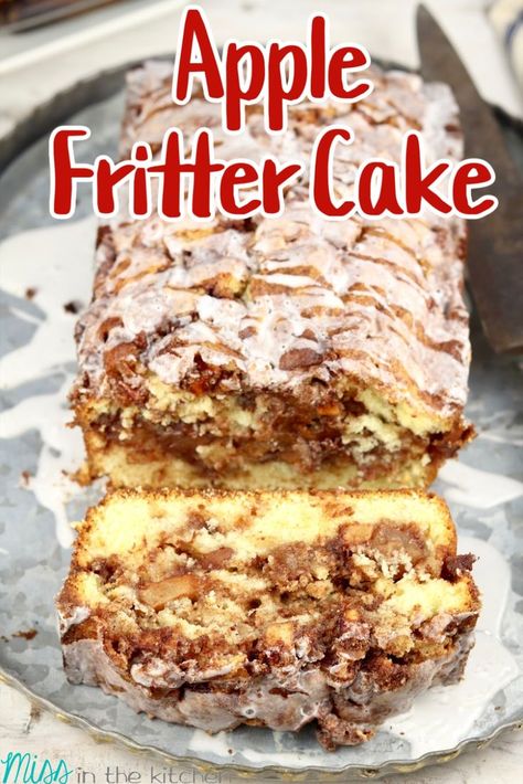 Apple fritter cake, sliced with drizzled icing. Apple Fritter Cake, Cake Easy Recipe, Mini Loaf Cakes, Breakfast Coffee Cake, Cake Tart, Coffee Cake Recipes Easy, Powdered Sugar Glaze, Apple Fritter Bread, Moist Vanilla Cake