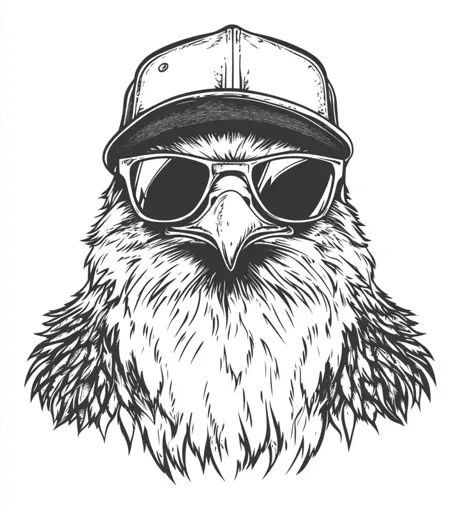 ↑↑↑ Larger size on website 🔸 The image is a black and white illustration of an eagle's head wearing a baseball cap and sunglasses Eagle Illustration, Sketchy Style, Eagle Feathers, White Illustration, Classic Image, An Eagle, Eagle Head, Black And White Illustration, Eagles