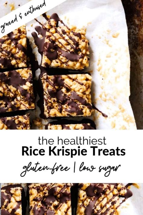 Healthy Rice Krispie Treats - Grazed & Enthused Healthiest Rice, Gluten Free Rice Krispie Treats, Healthy Rice Krispie Treats, Sunbutter Recipes, Peanut Butter Rice Krispie Treats, Rice Cereal Treats, Healthy Dark Chocolate, Healthy Rice, Rice Recipes For Dinner