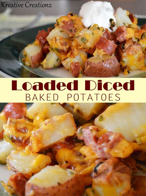 Loaded Diced Baked Potatoes are great to serve as tasty meal or side dish for your family. - The Kreative Life Loaded Baked Potato Salad Red Potatoes, Loaded Diced Potatoes, Diced Baked Potatoes In The Oven, Side Dish For Brats, Potato Board, Pescatarian Meals, Baked Potato Recipe, Bbq Side Dishes, Popular Appetizers